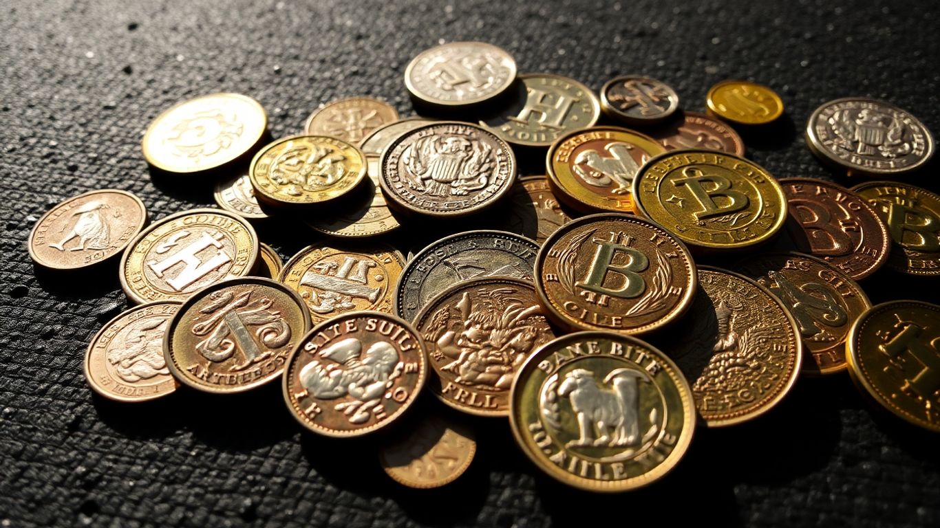 Antique coins on a dark surface.