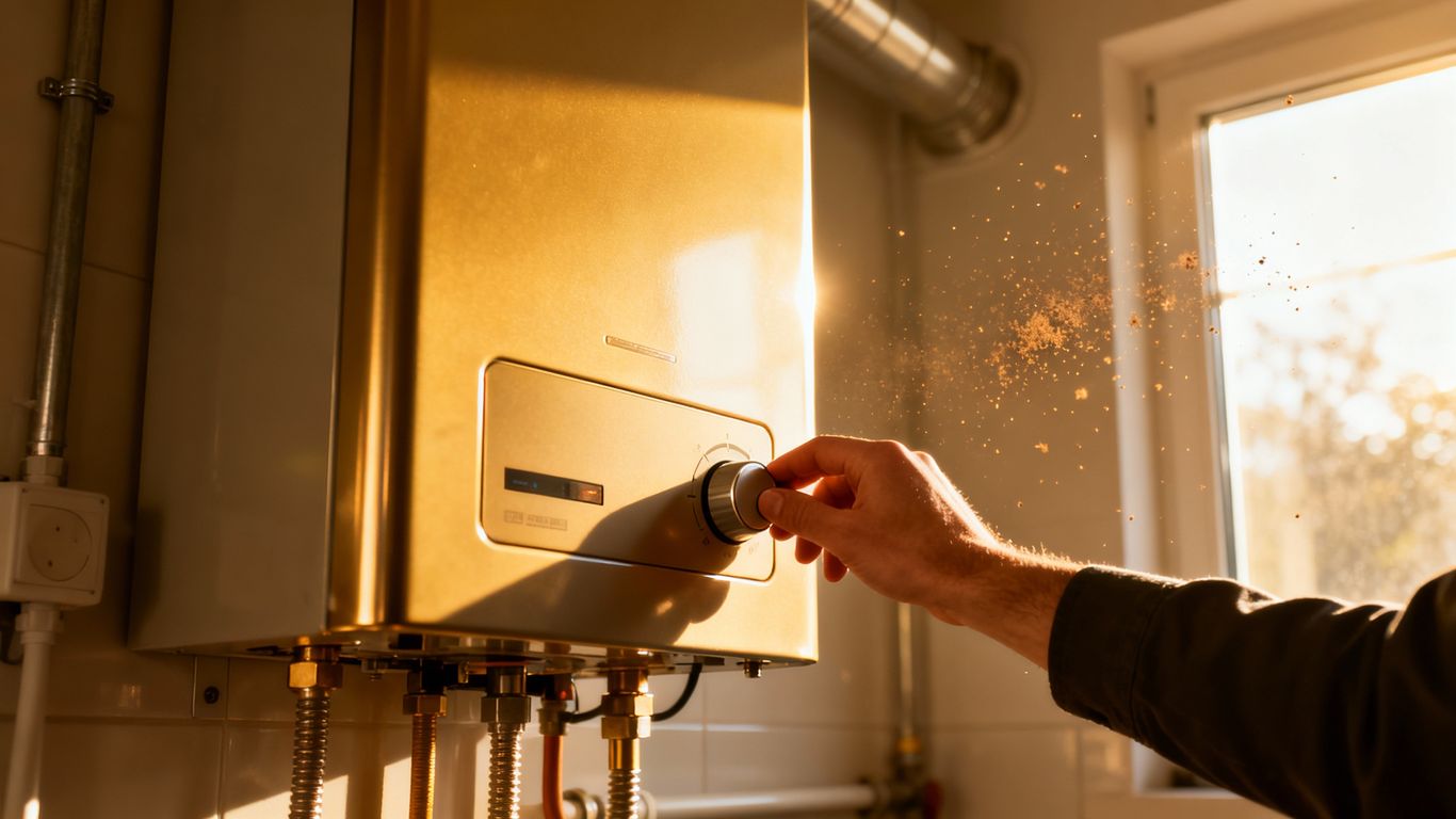 Water heater with a hand adjusting its dial for efficiency.