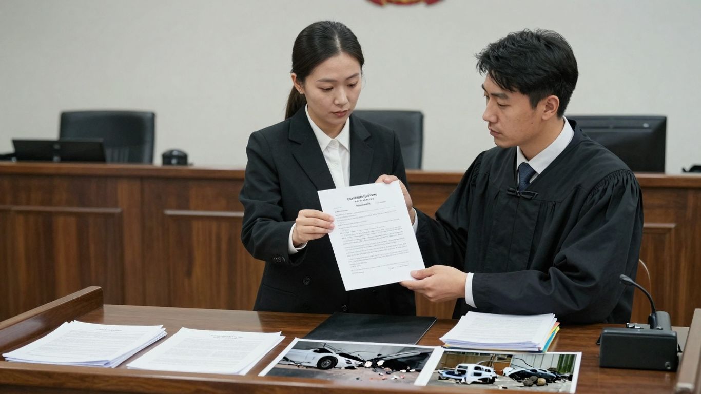 Courtroom with evidence for personal injury case.