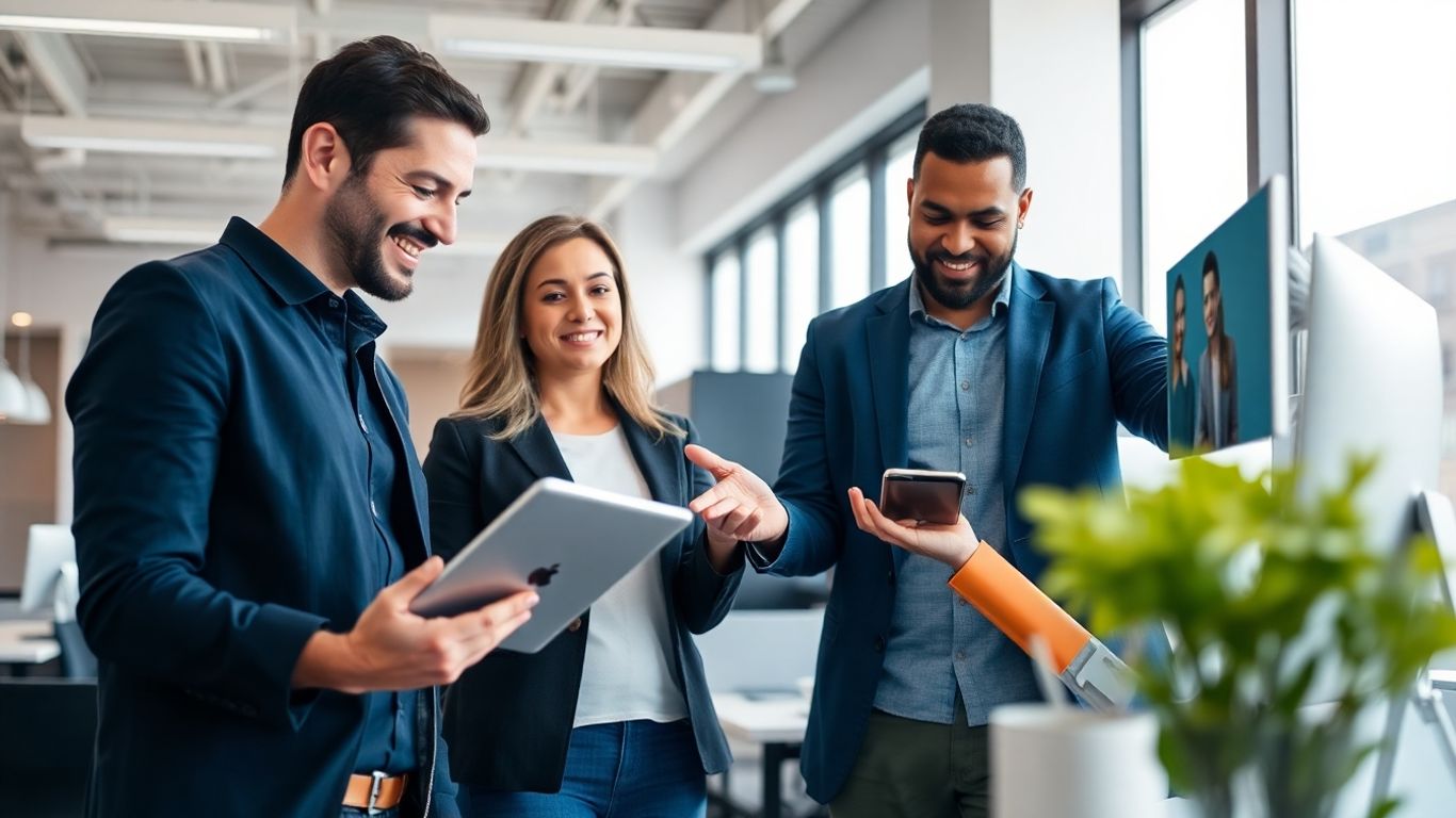 Ljudje uporabljajo napredne tehnologije v pisarni.