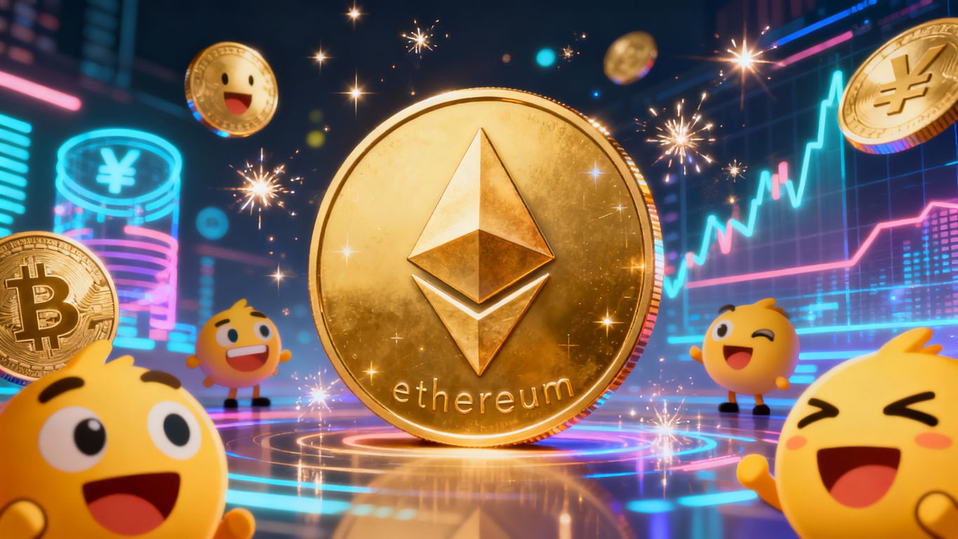 Ethereum coin with meme coins and dynamic digital background