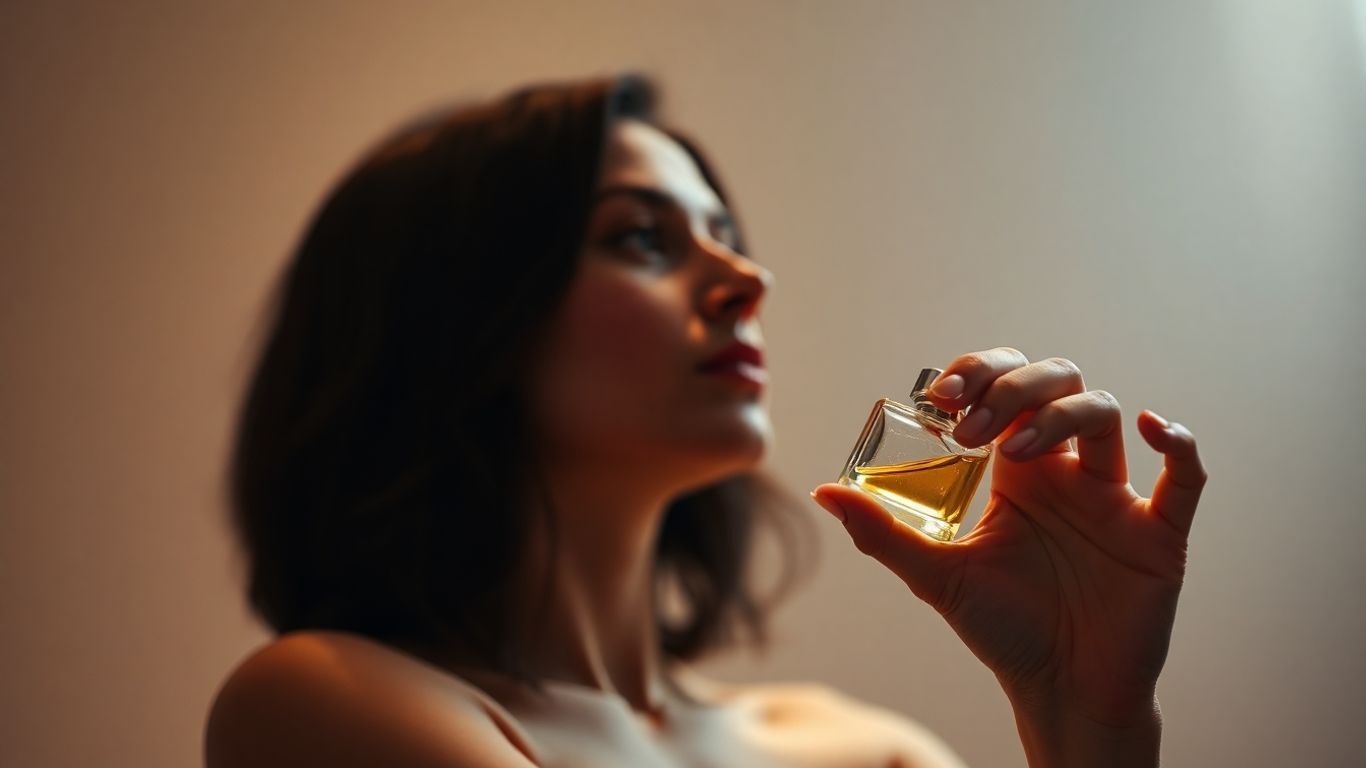 Person applying perfume, looking thoughtful.