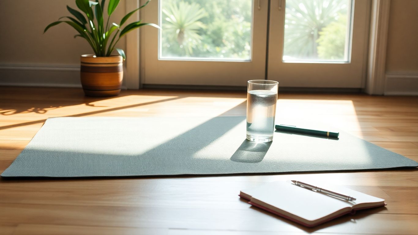 Yoga mat, water, journal, and plant in a peaceful setting.