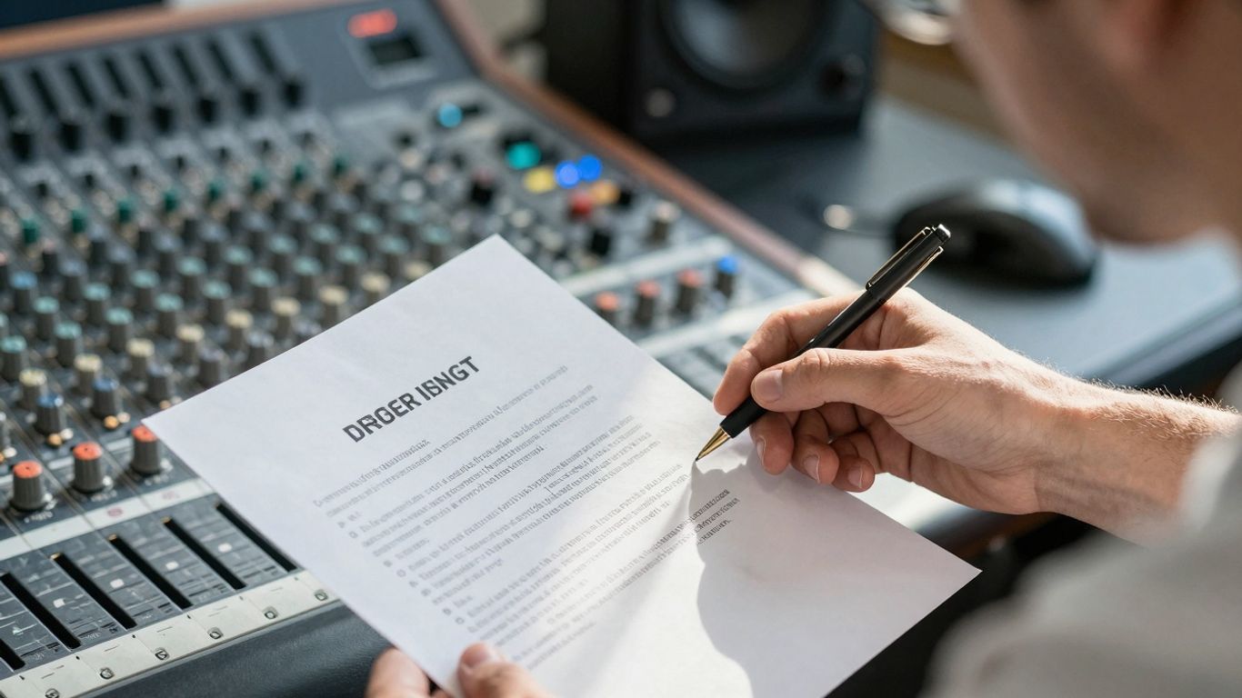 Producer reviewing a beat contract in a music studio.
