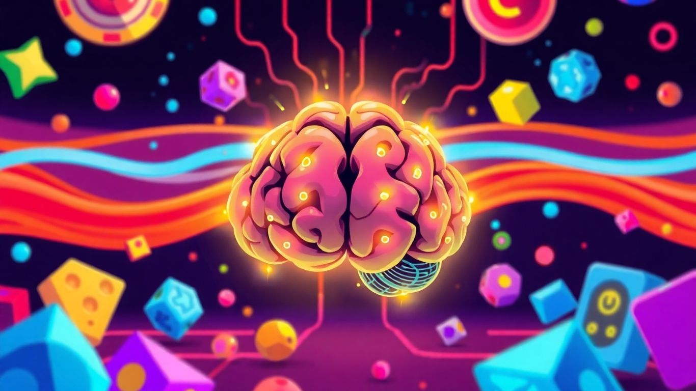 Brain with game elements, illustrative and fun.