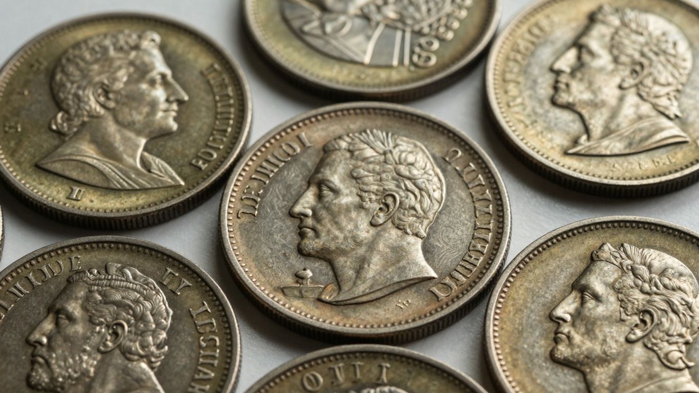 Close-up of rare and valuable collectible coins.