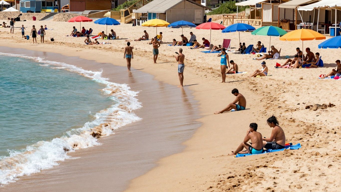 Drukte op het strand met mensen en parasols.