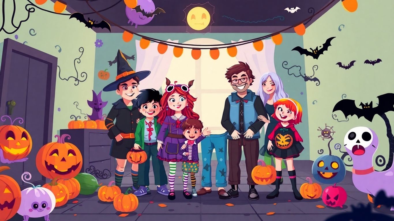 Family in Halloween costumes, festive and fun