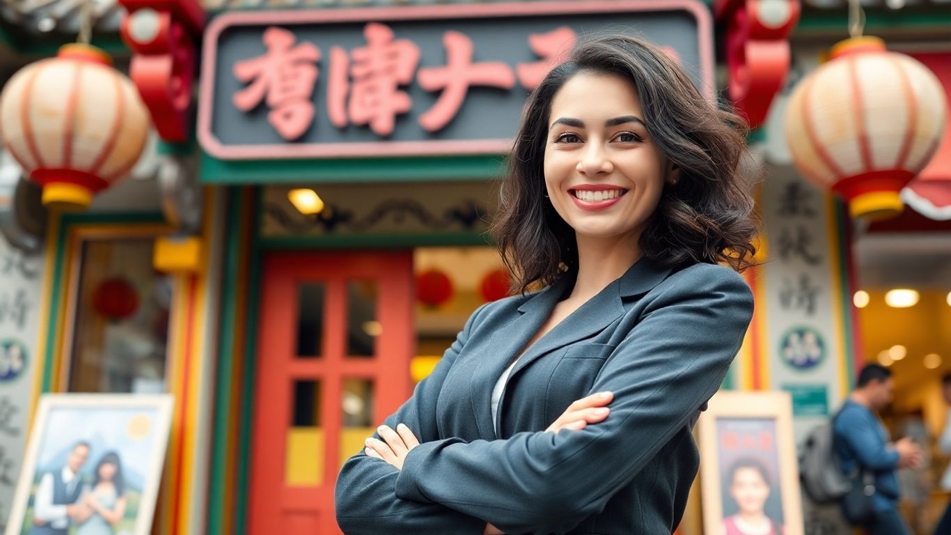 Femeie româncă în fața unui magazin asiatic