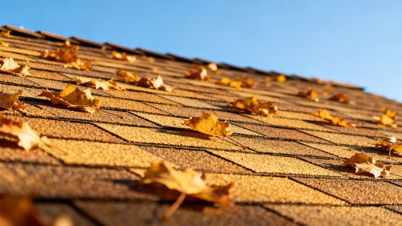 Roof with fall leaves and blue sky.