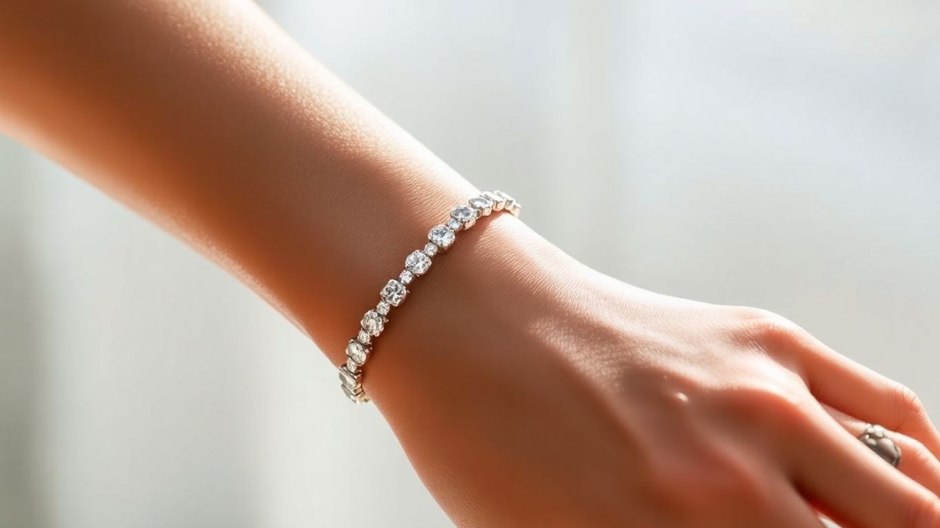 Elegant diamond tennis bracelet on a woman's wrist.