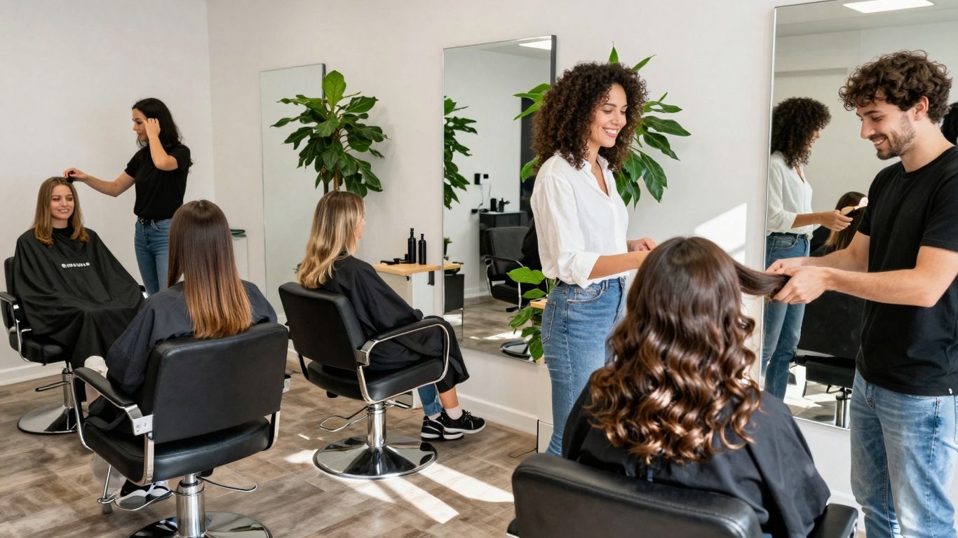 Irish hair salon with happy clients and stylish decor.