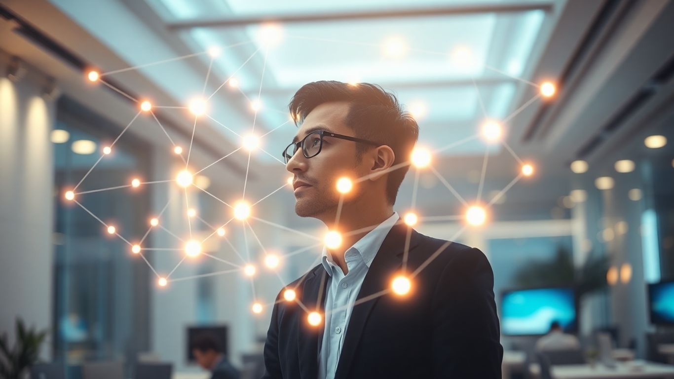 Blockchain professional contemplating a digital network.