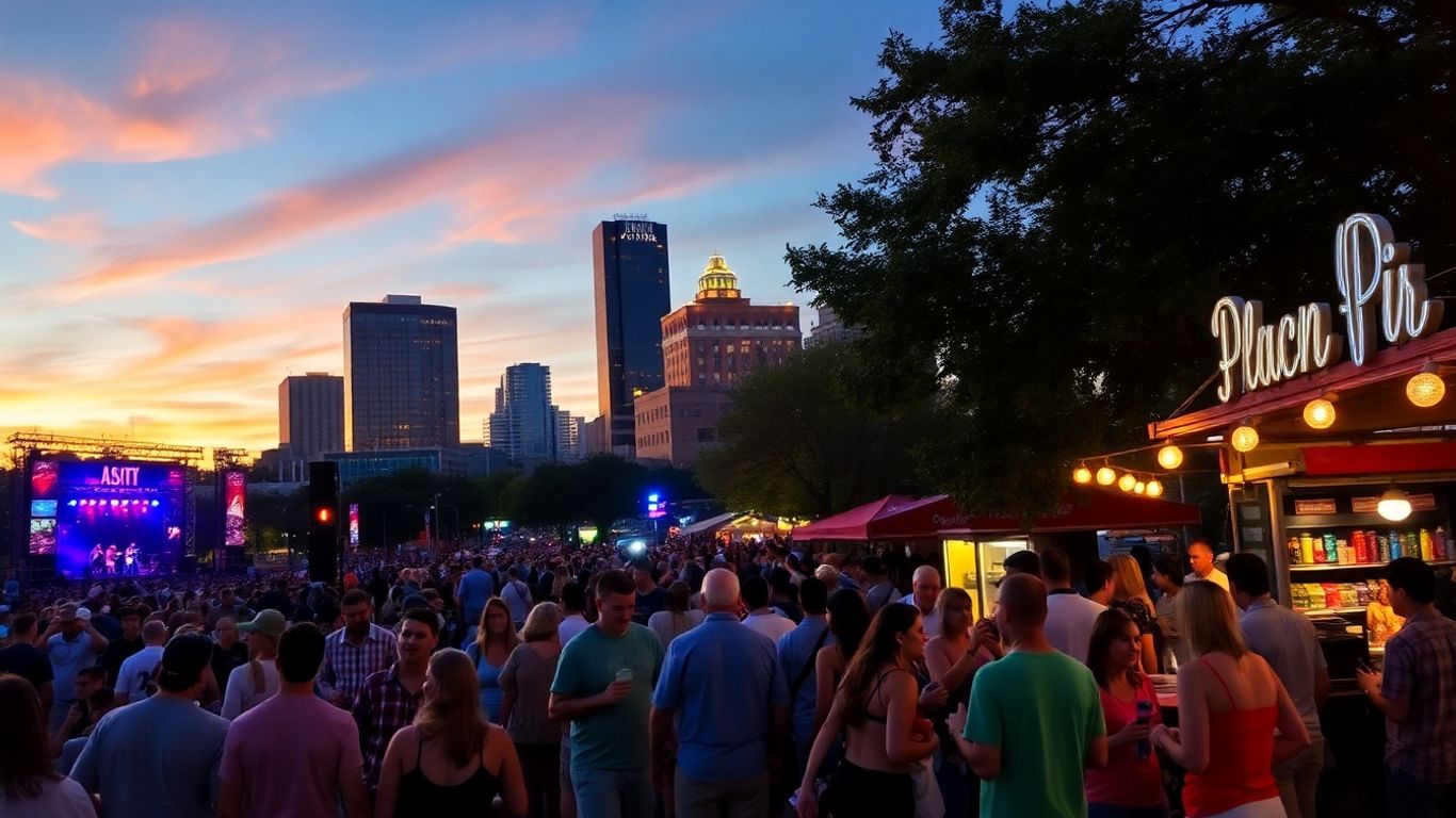 Austin outdoor concert and food festival at sunset