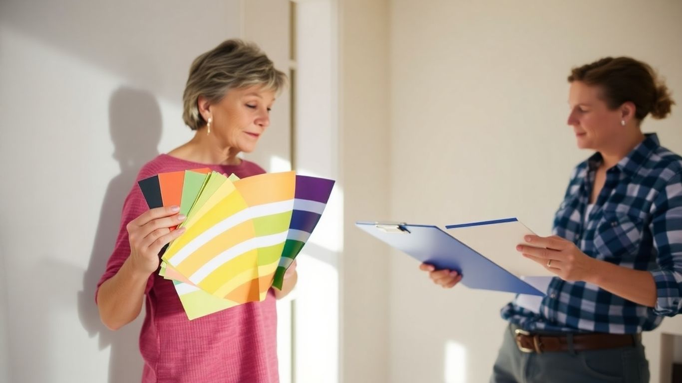 Homeowner comparing paint swatches with a painter.