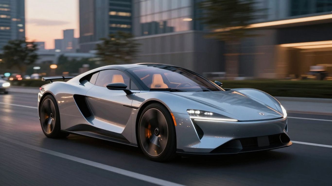 Electric supercar driving through a quiet city at night.