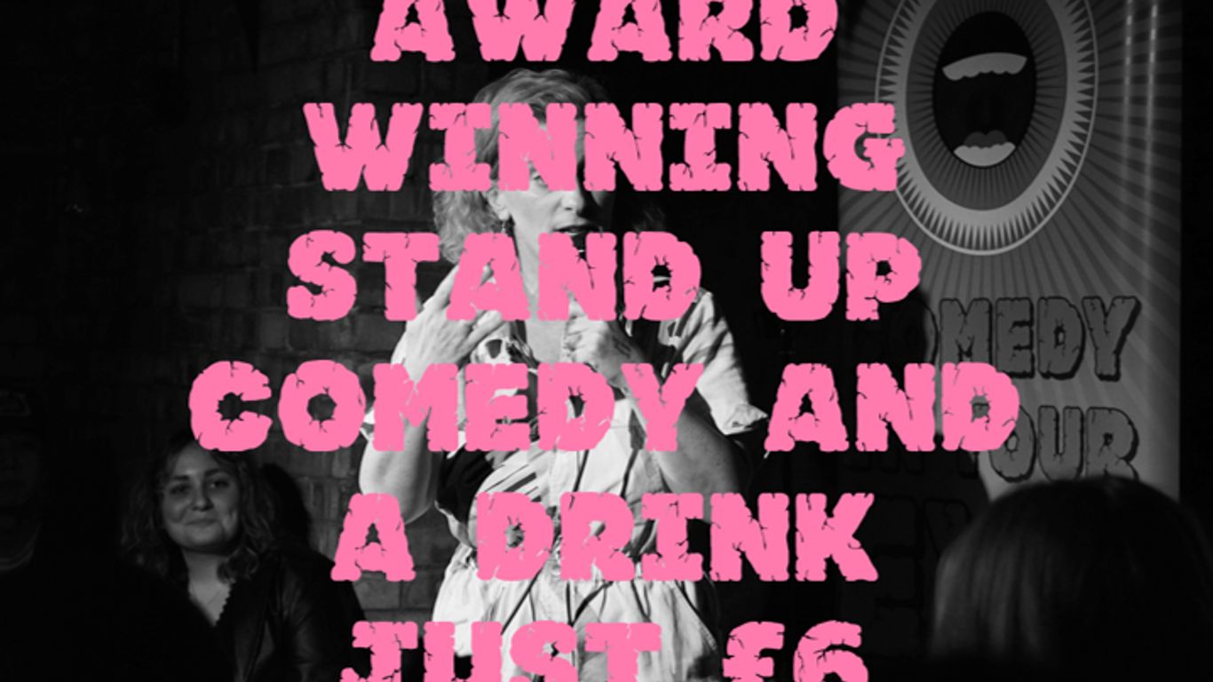 Stand-up comedy show promotion, audience watching, bold pink text overlay.