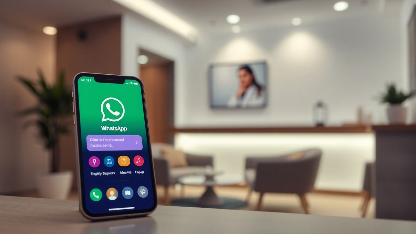 Aesthetics clinic reception with WhatsApp chat on phone.