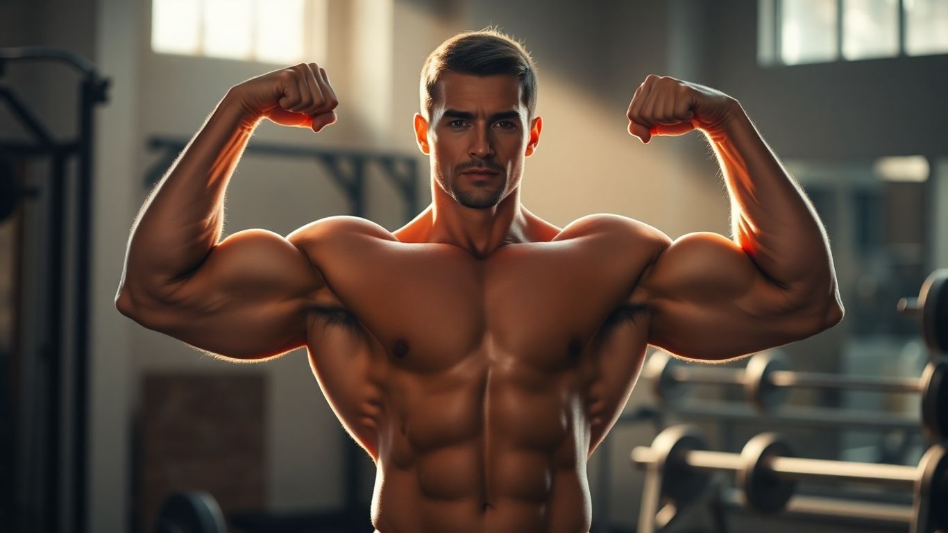 Bodybuilder with toned muscles in a gym.