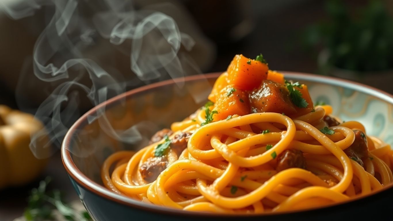 Butternut squash pasta with chestnut sauce and fresh herbs.