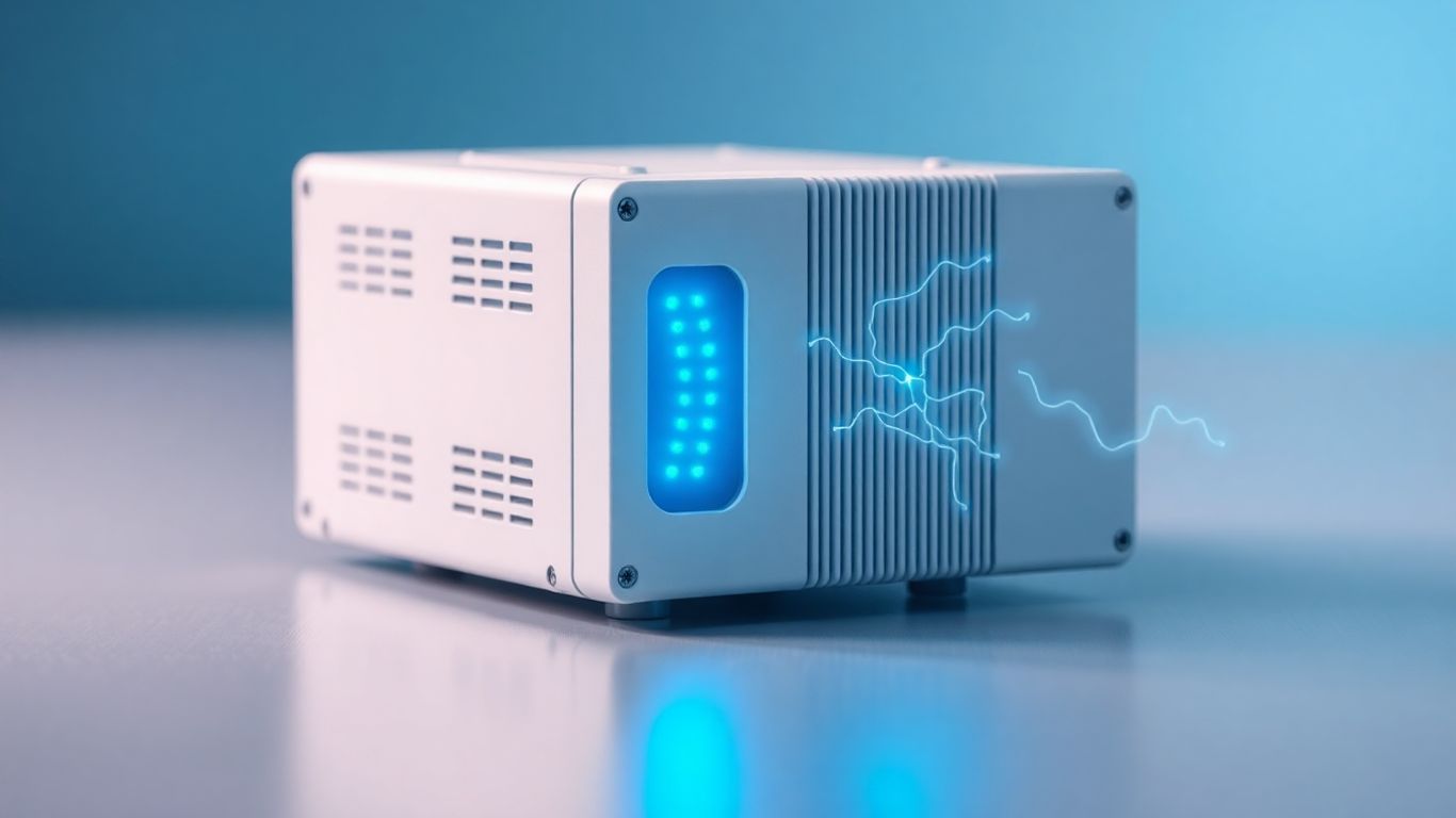 Inverter with blue lights and electrical wave patterns.