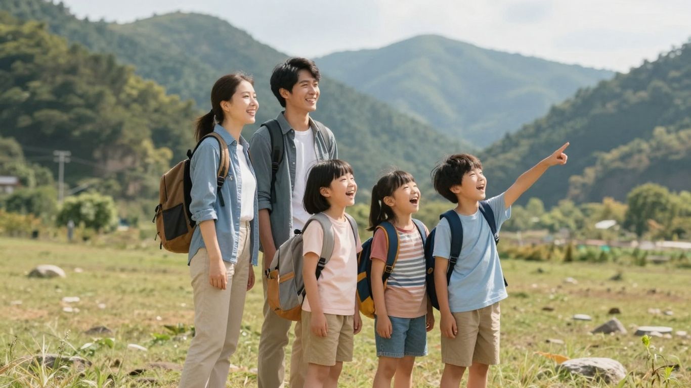 Rodzina podróżująca z dziećmi, uśmiechnięta, w plenerze.