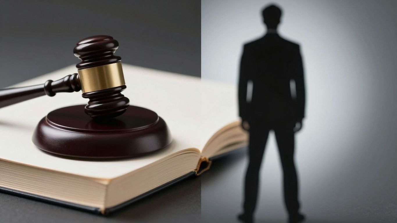 Gavel and legal book next to a shadowy business figure.