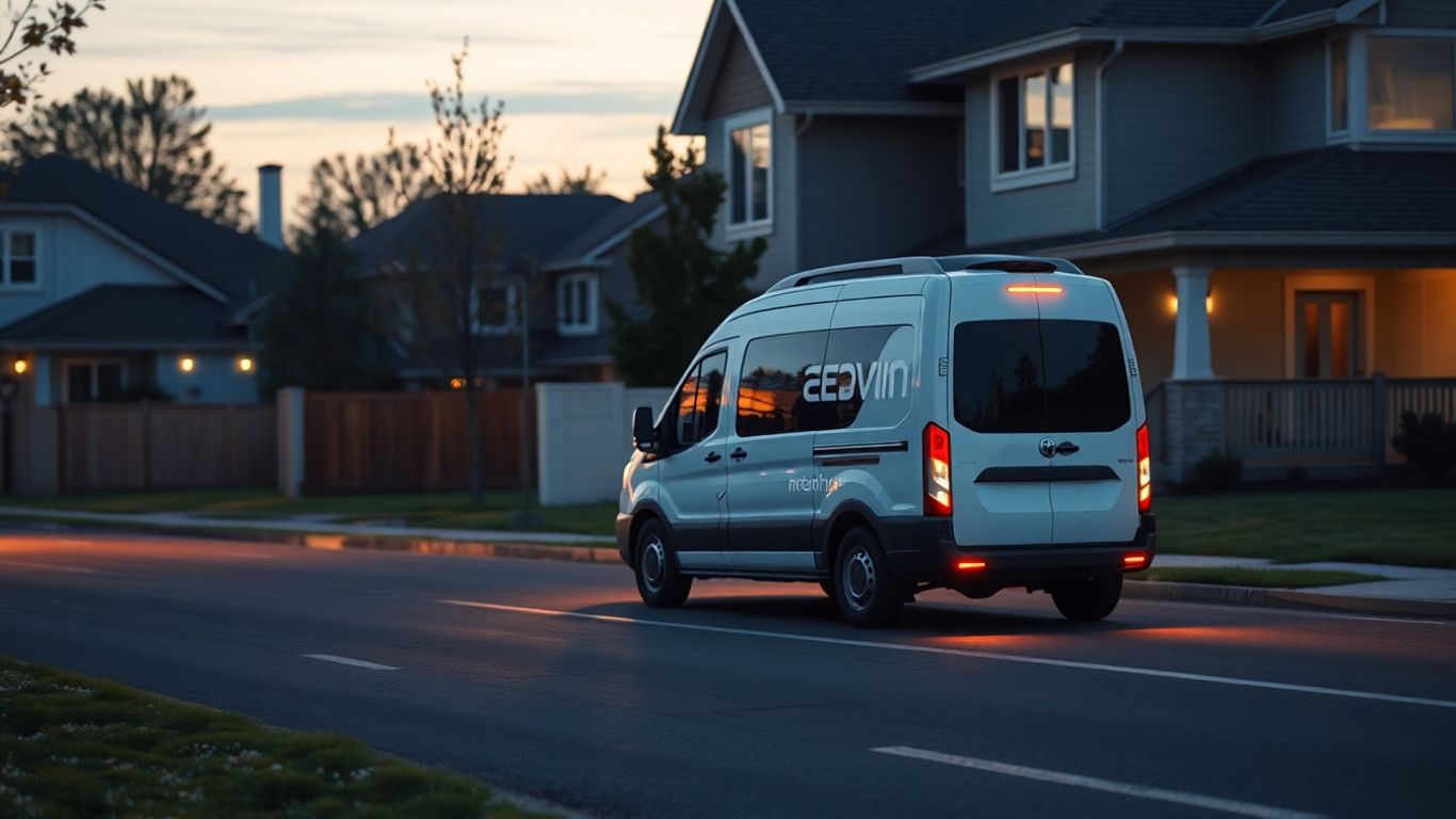 Autonomous delivery van approaching a house.