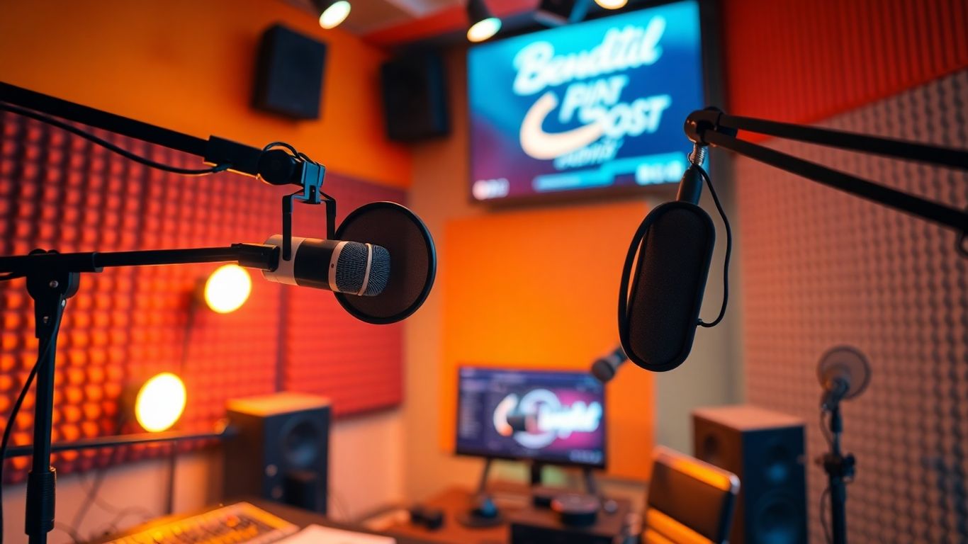 SaaS podcast studio with microphones and equipment.