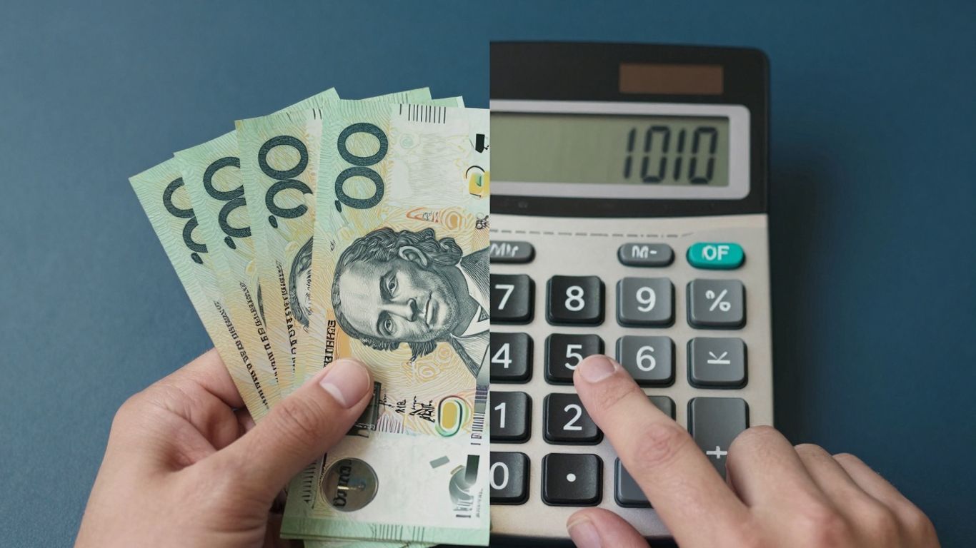 Australian dollars and a calculator showing take-home pay.
