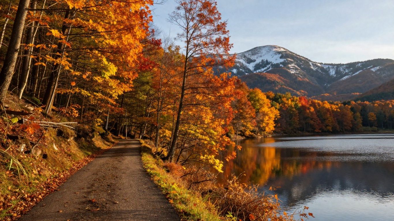 Colorful autumn forest path with mountains and lake.