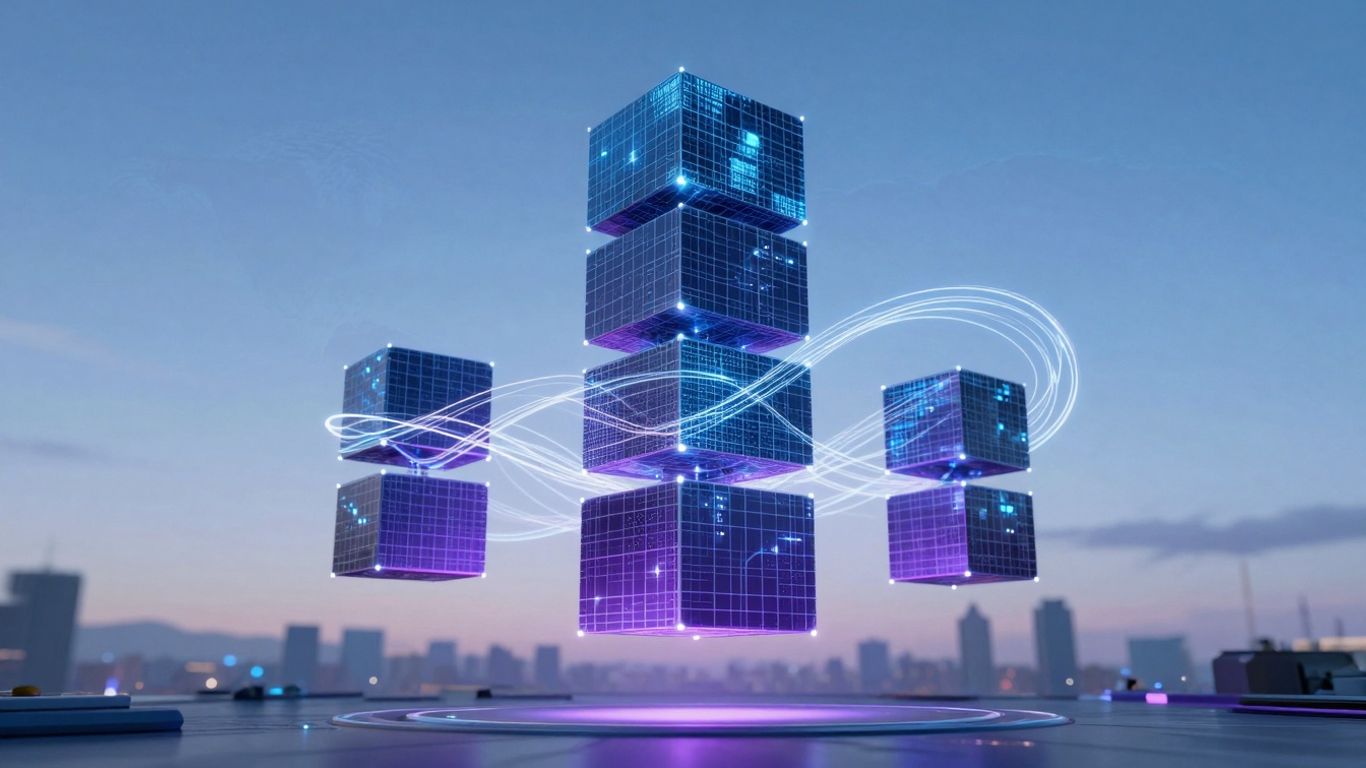 Interconnected digital blocks forming a secure network.