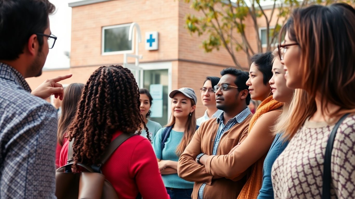 Oameni alegând clinica medicală potrivită.