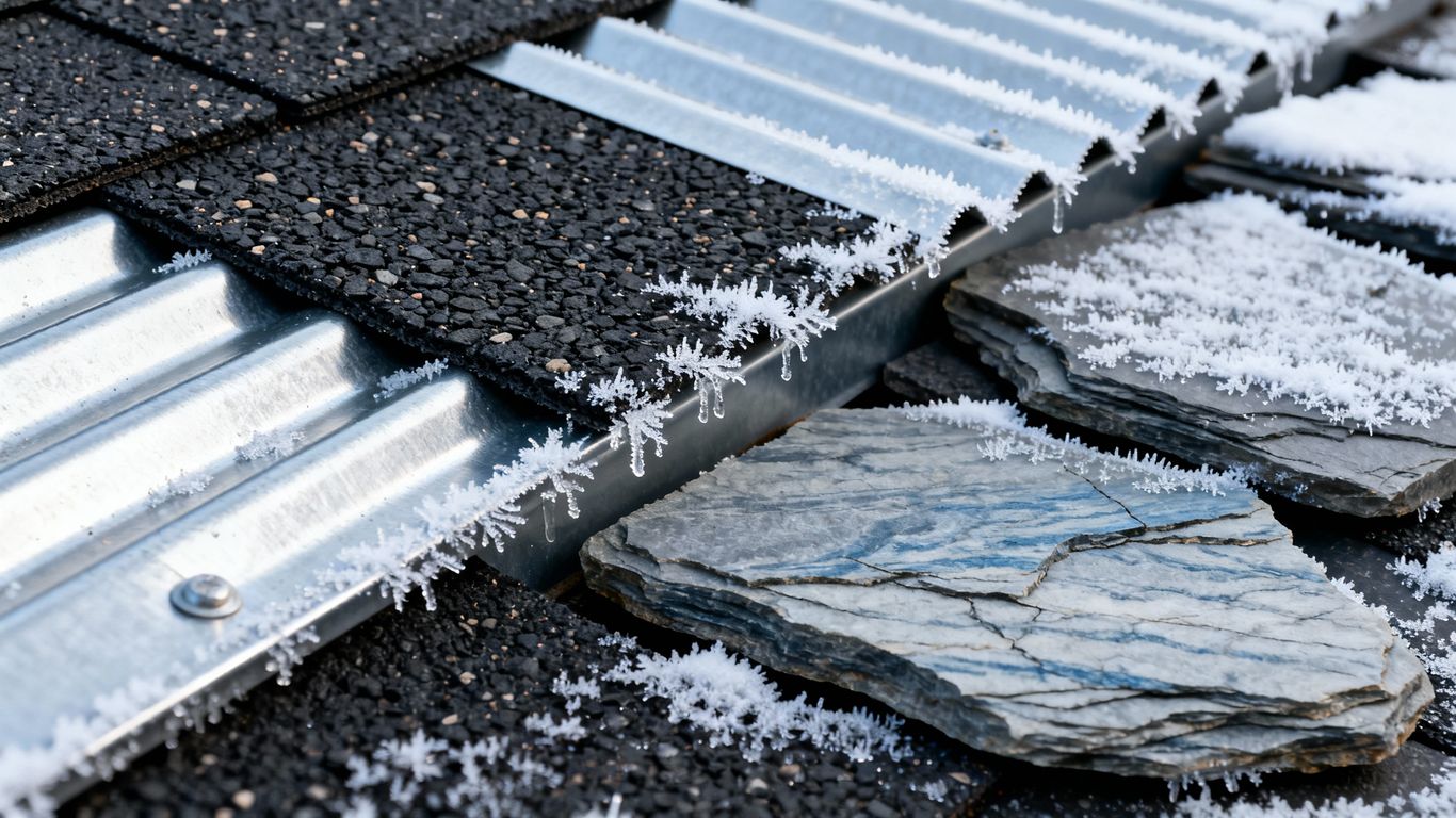 Durable roofing materials covered in snow and frost.
