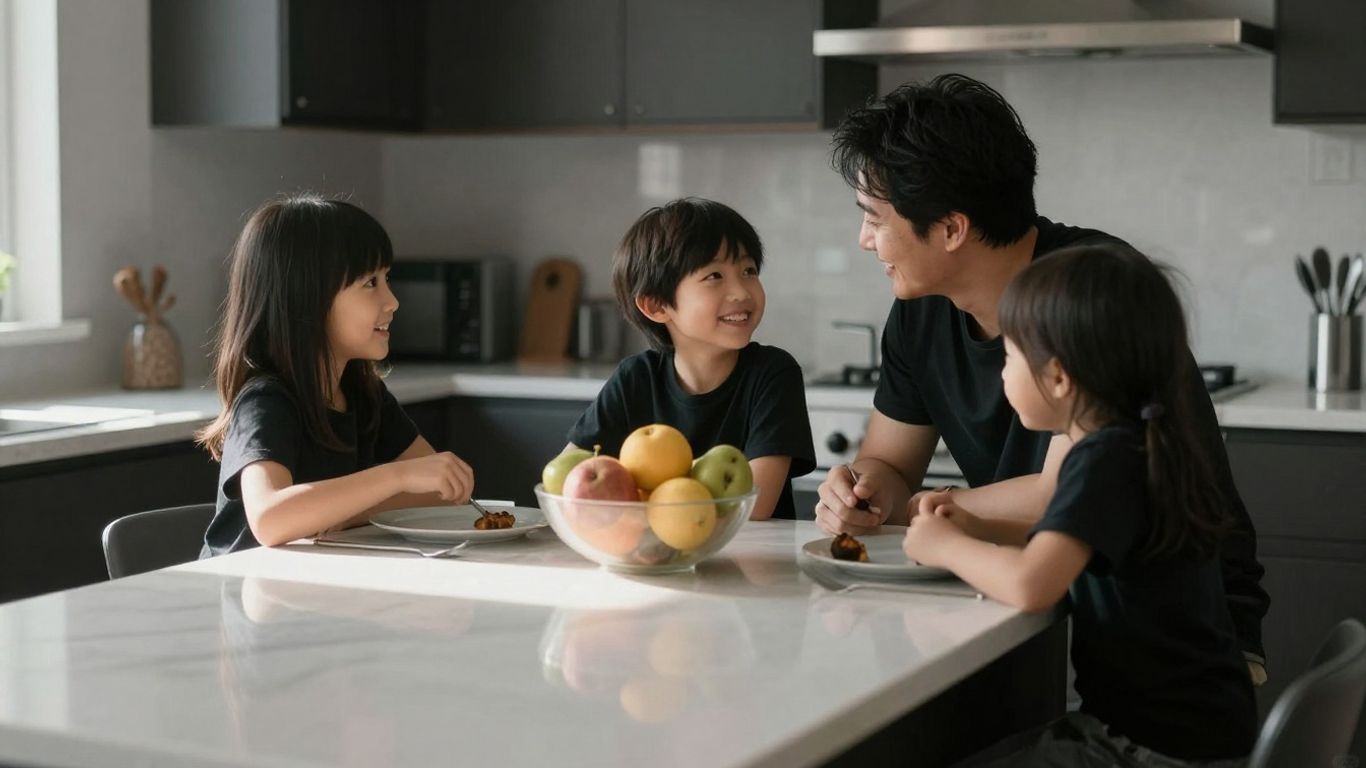 Family peacefully sharing a meal in a bright kitchen.
