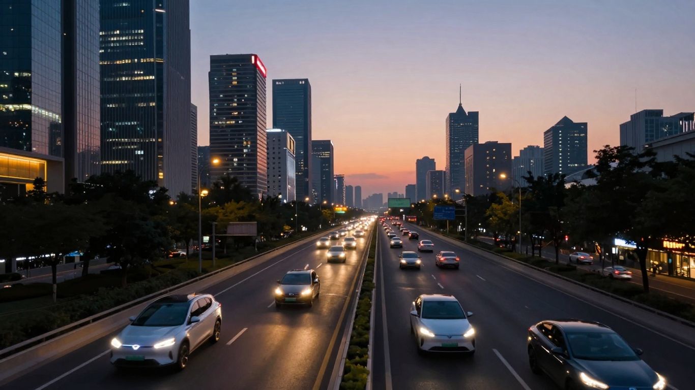 Electric vehicles driving in a futuristic Chinese cityscape at dusk.