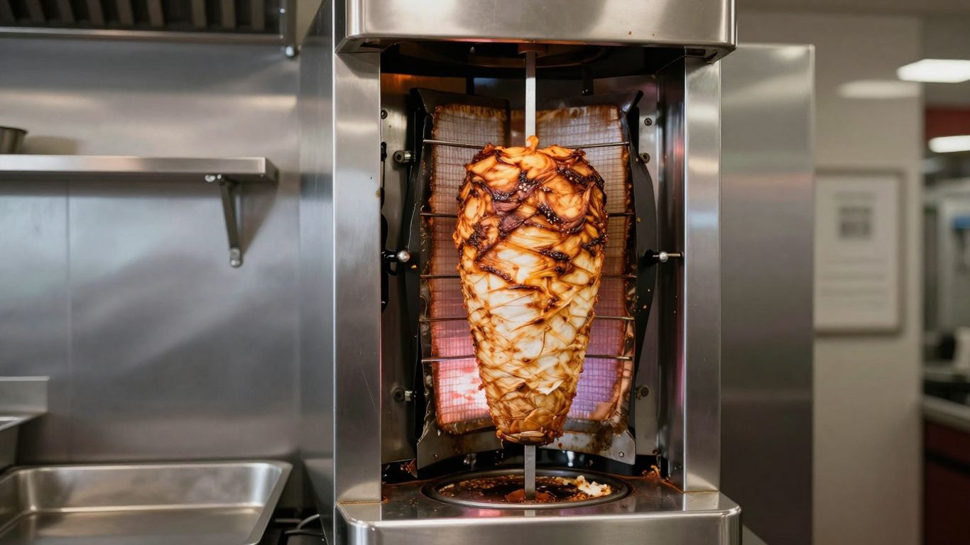 Modern doner kebab machine with rotating meat skewer.