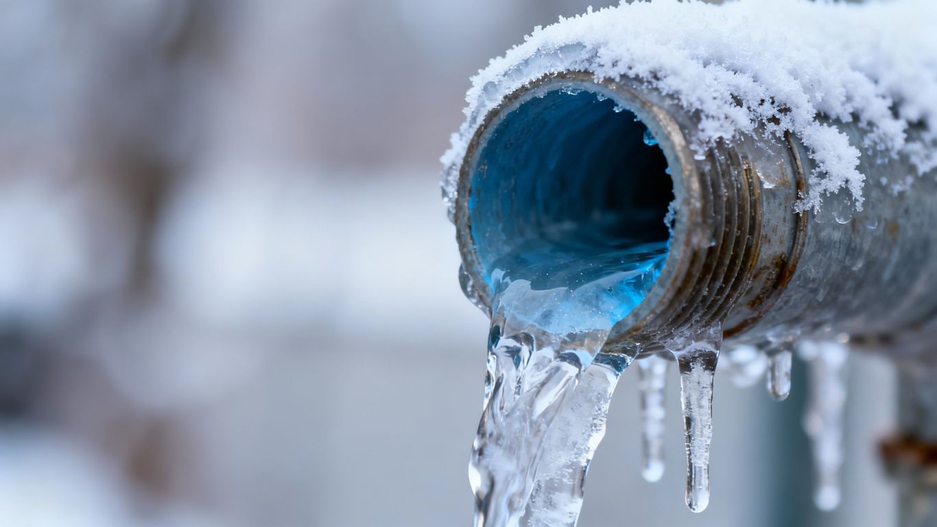 Frozen water pipe with icicles in cold weather.