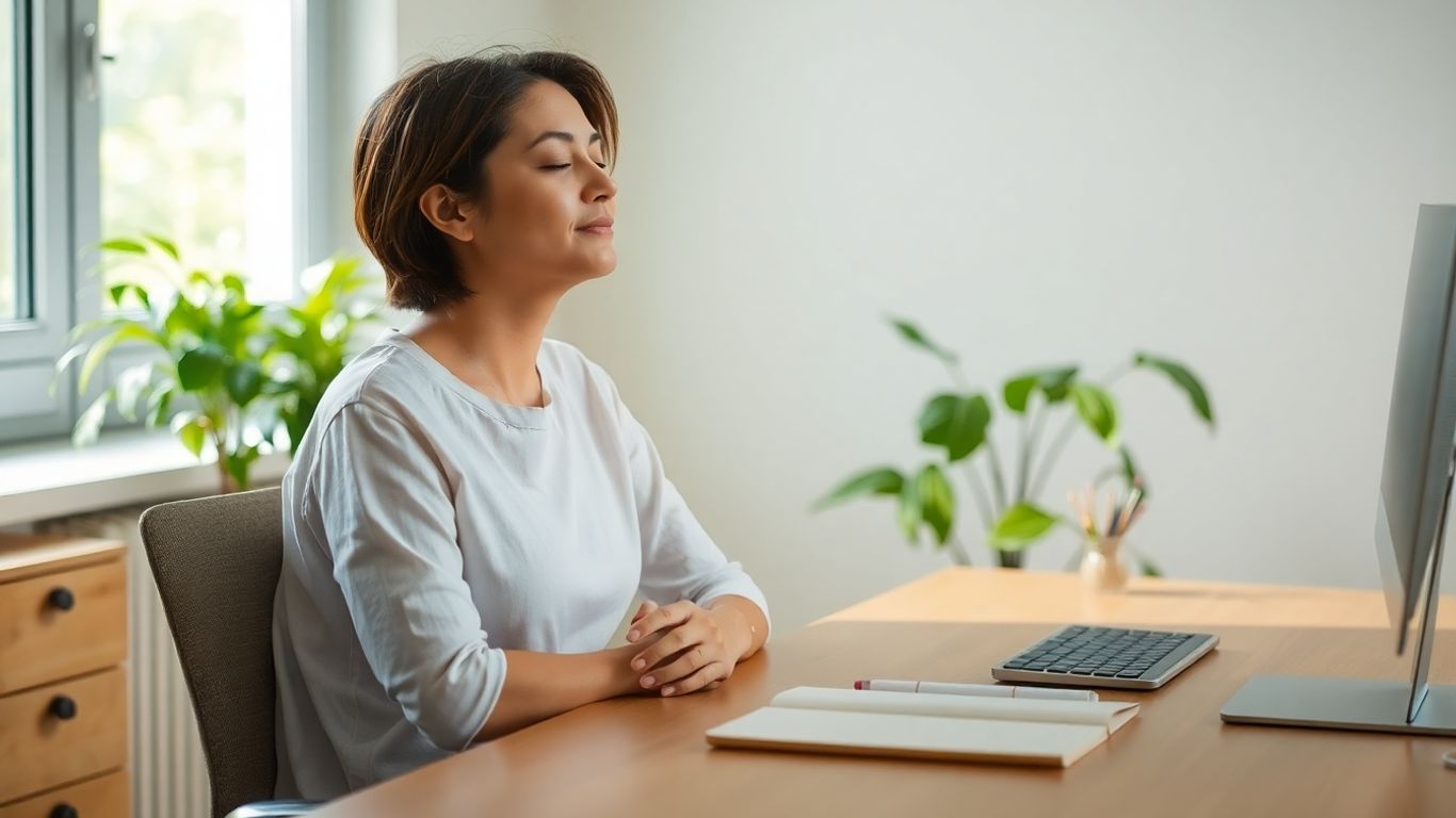 Person relaxing at desk with eyes closed.