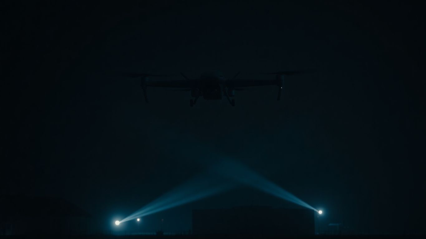 Drone flying over military base at night