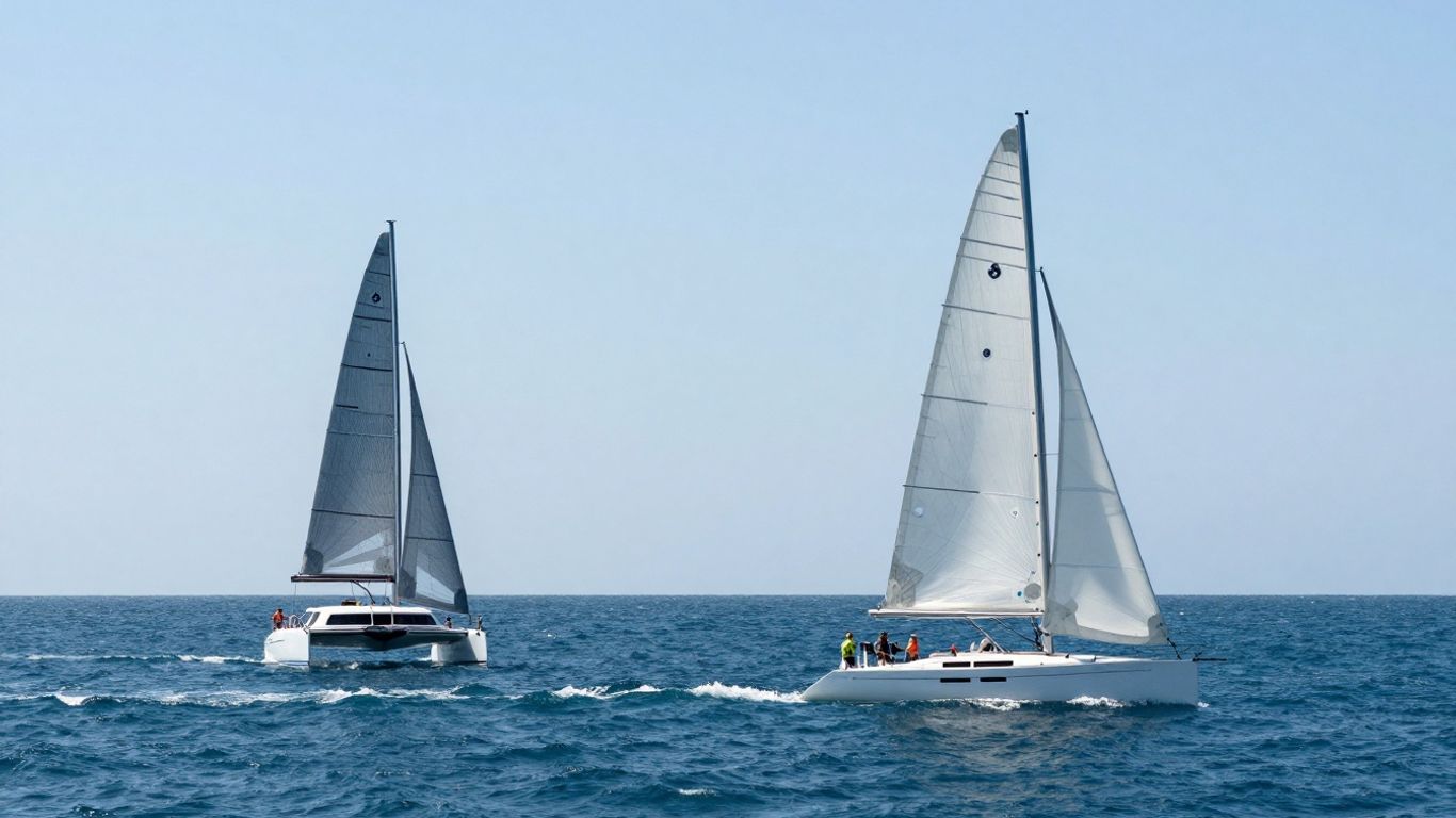 Catamaran and monohull sailboats sailing on the ocean.