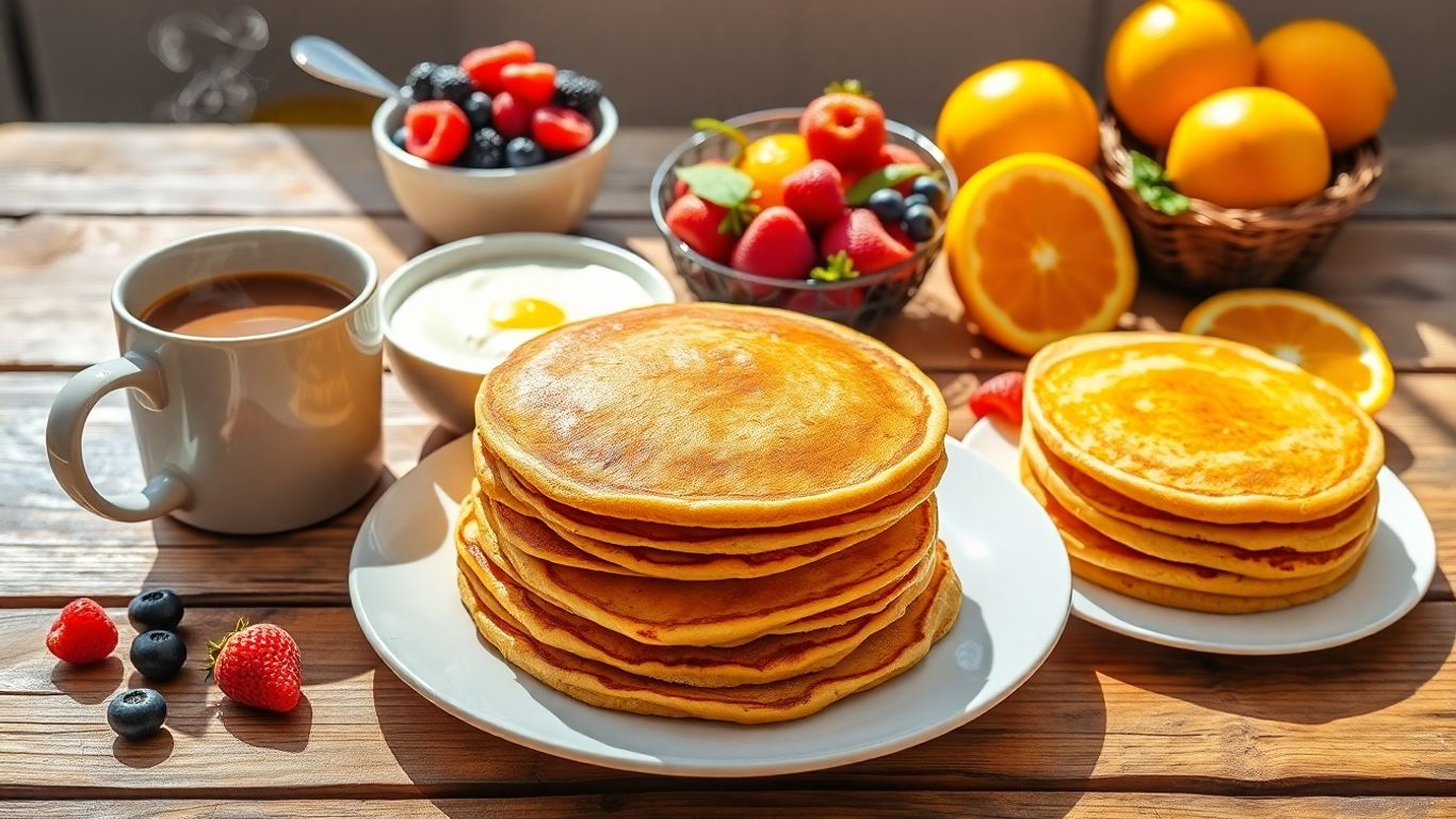 Healthy breakfast spread with fruits, yogurt, and pancakes.