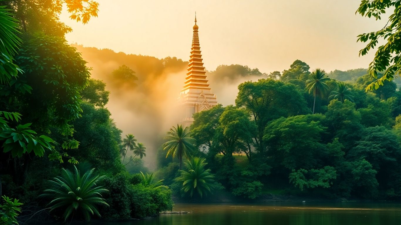 Golden temple spire in lush green jungle, Laos