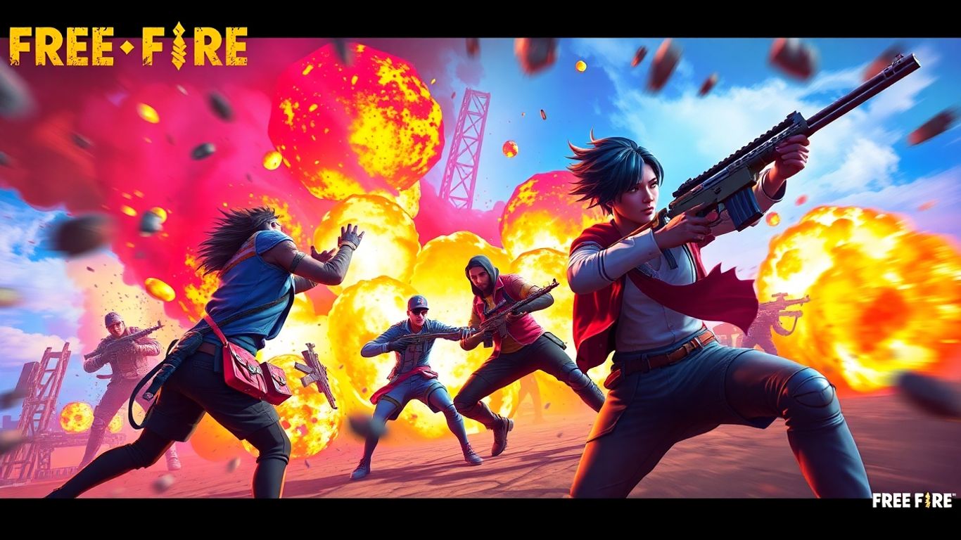 Free Fire characters in action on a vibrant battlefield.