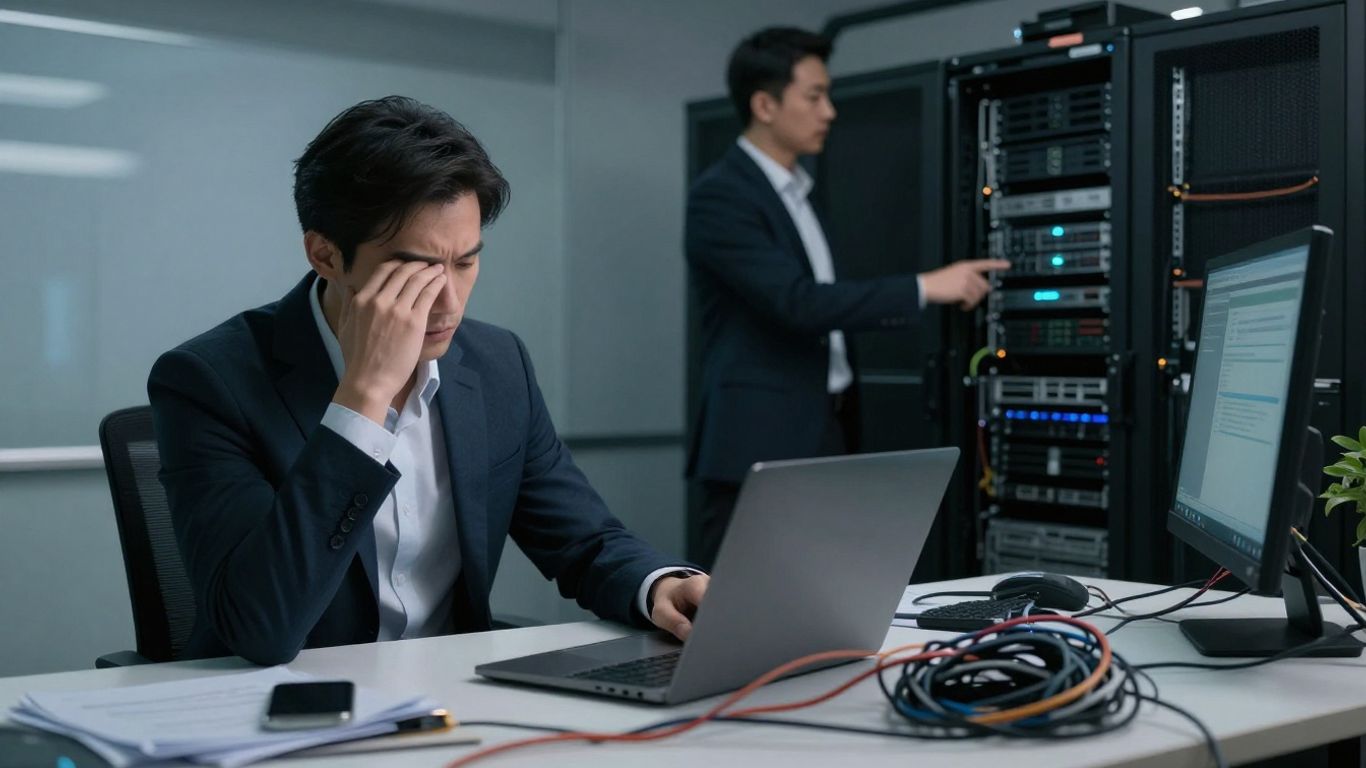 Business professional overwhelmed by IT issues, another offers a solution.