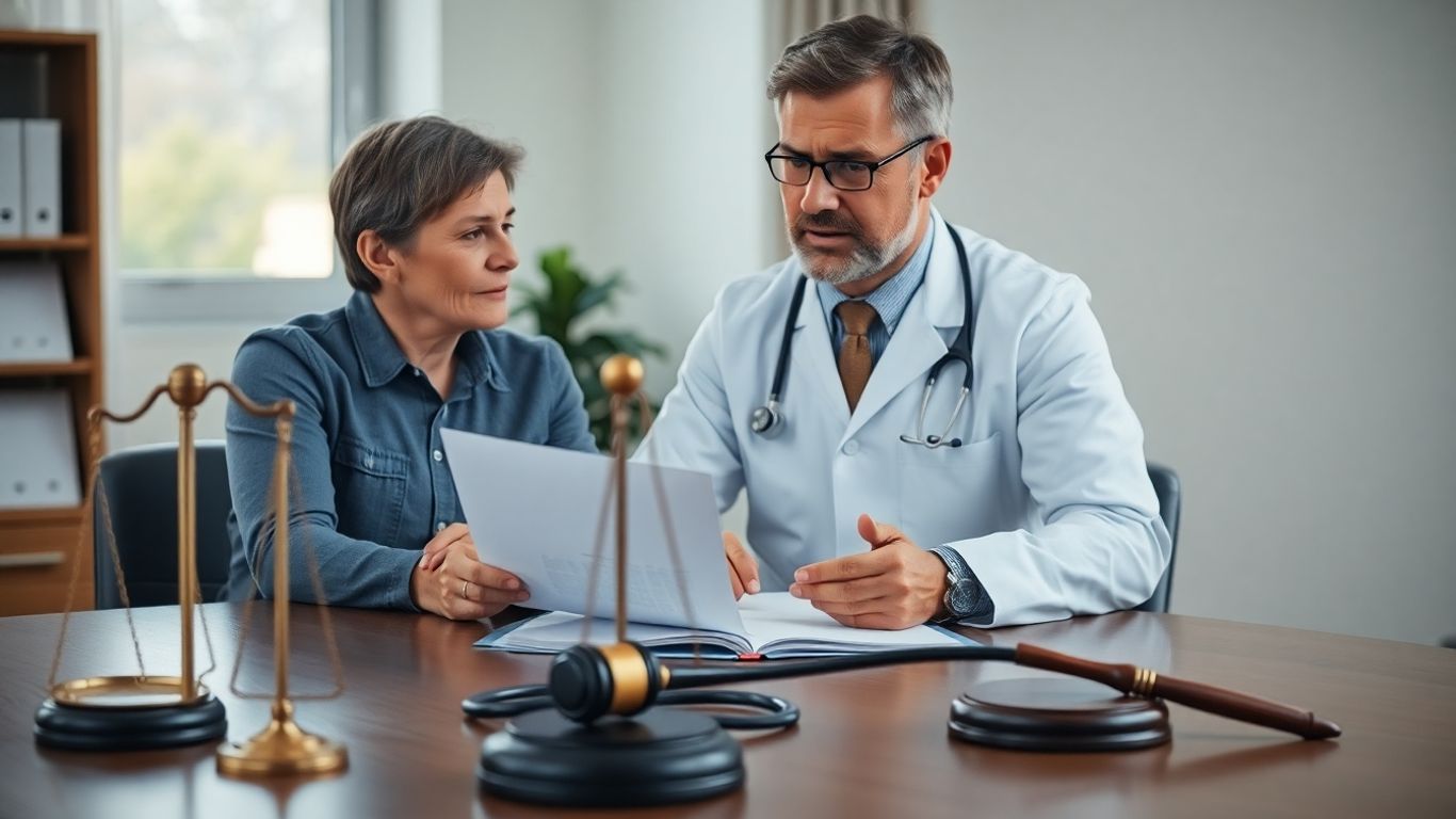 Doctor consulting patient with legal symbols on table