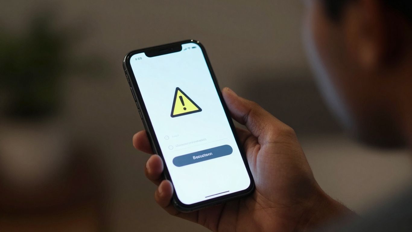 Mão segurando celular com alerta de login.