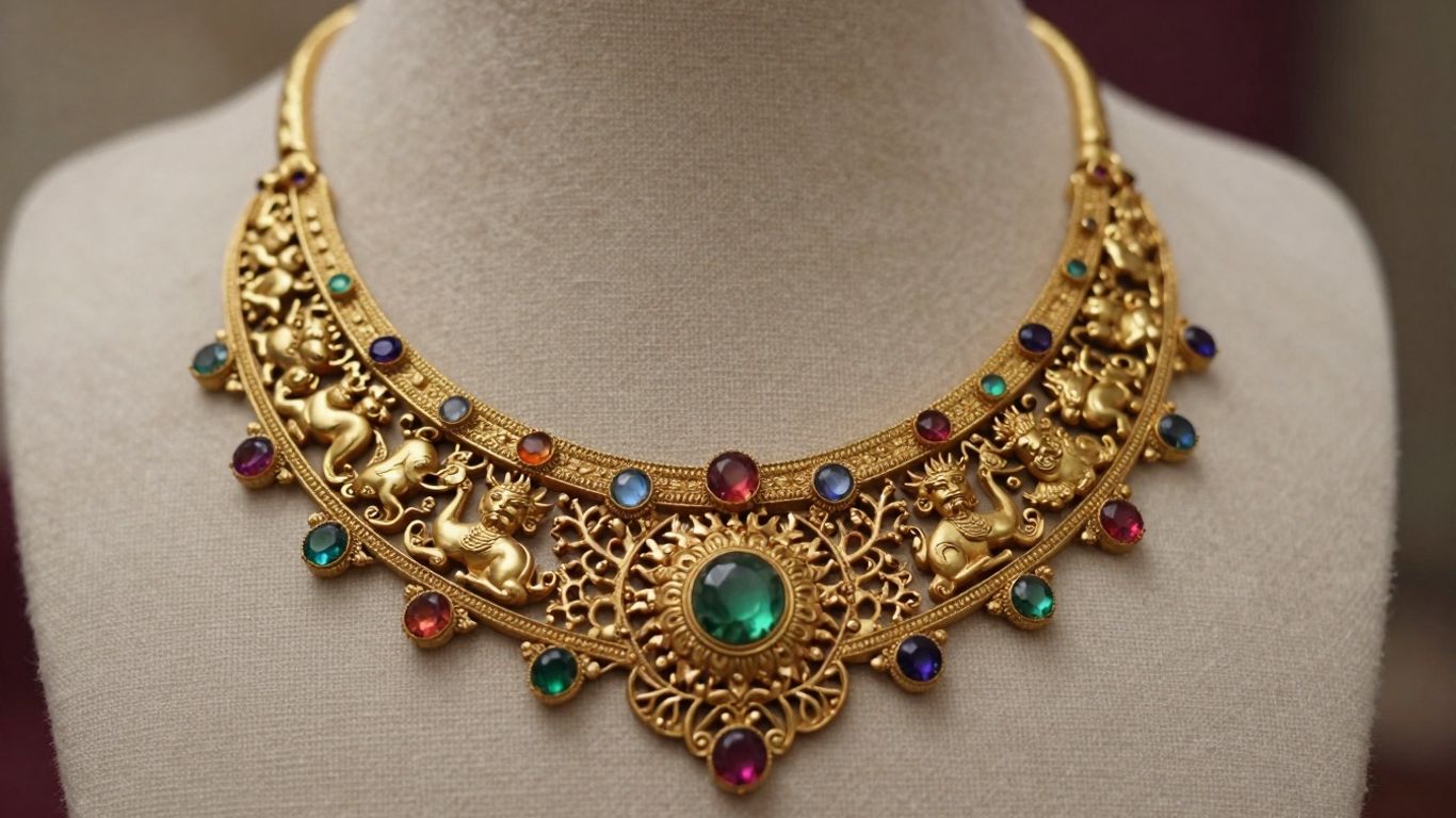 Intricate Nakshi necklace with gemstones and gold filigree.