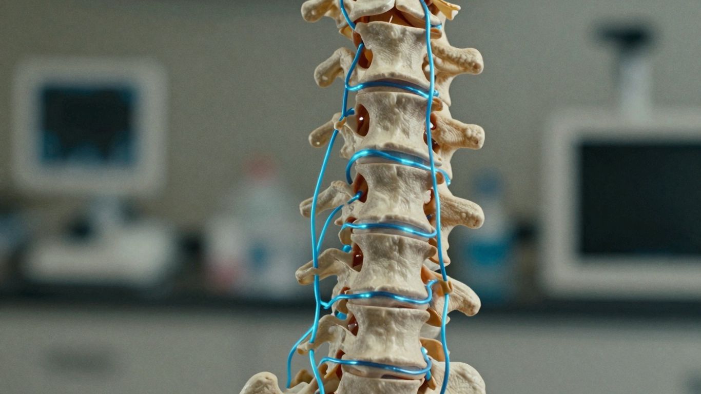 Human spine with glowing neural pathways.
