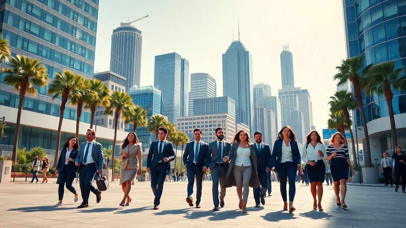 Los Angeles skyline and professionals near office building.